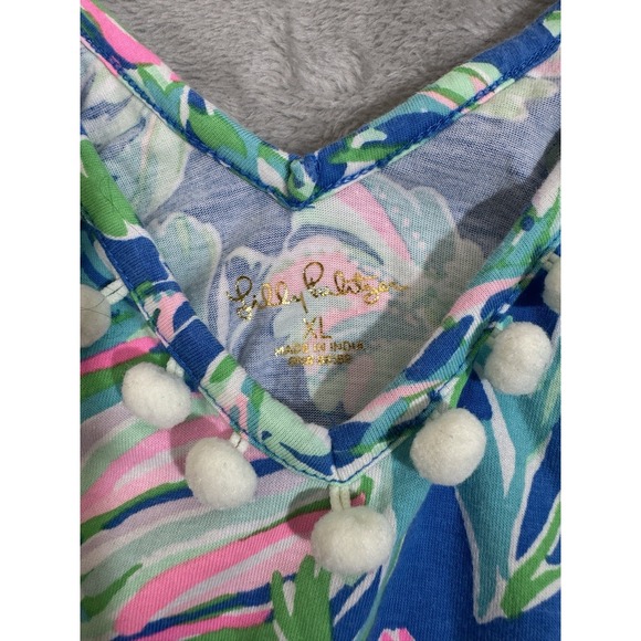 Lilly Pulitzer Camilla Dress XL Blue Tropical Floral Pom Pom Trim Cotton - Picture 5 of 8
